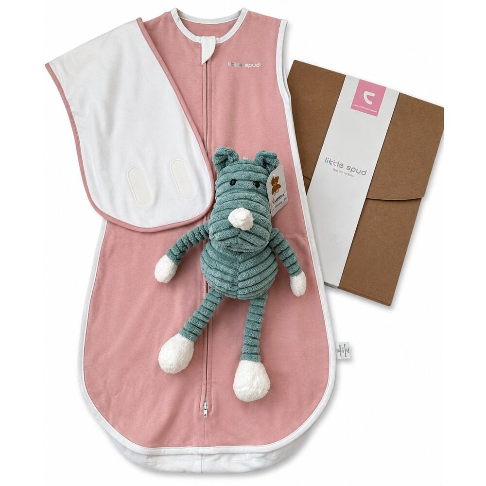 Little Spud Baby Sleep Sack Swaddle + Burp Cloth & Plush Gift Bundle 0-12M Pink